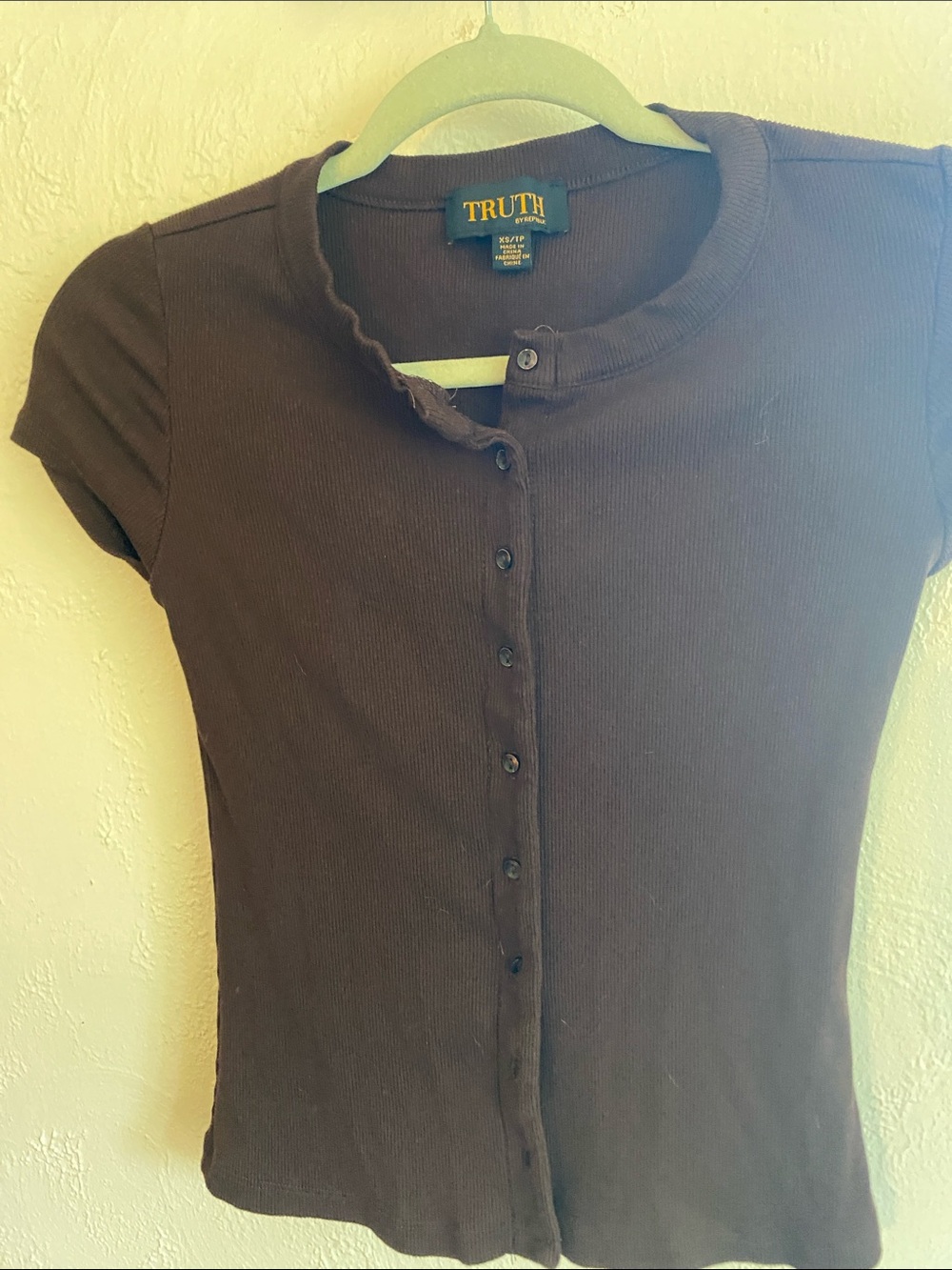 Truth Brown Ribbed Button-Front Short Sleeve Top